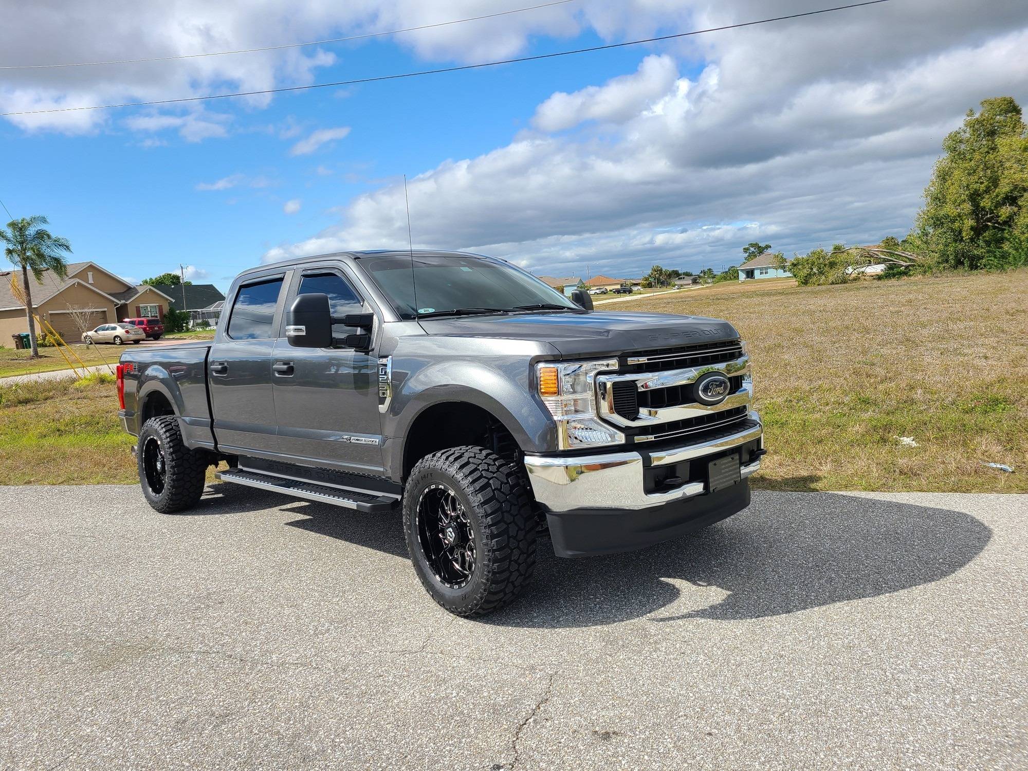 2020 Ford F-250 with a leveling kit on 20x10 TIS 544BM wheels and 35x12.5R20 Cooper Evolution MT tires