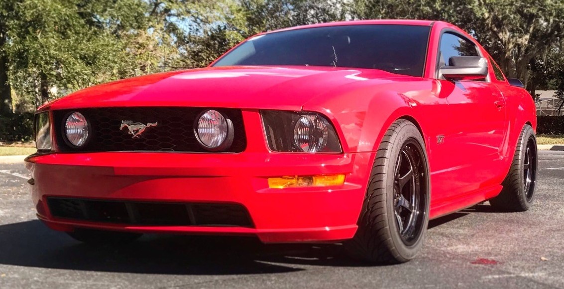 front view of red fifth-gen mustang