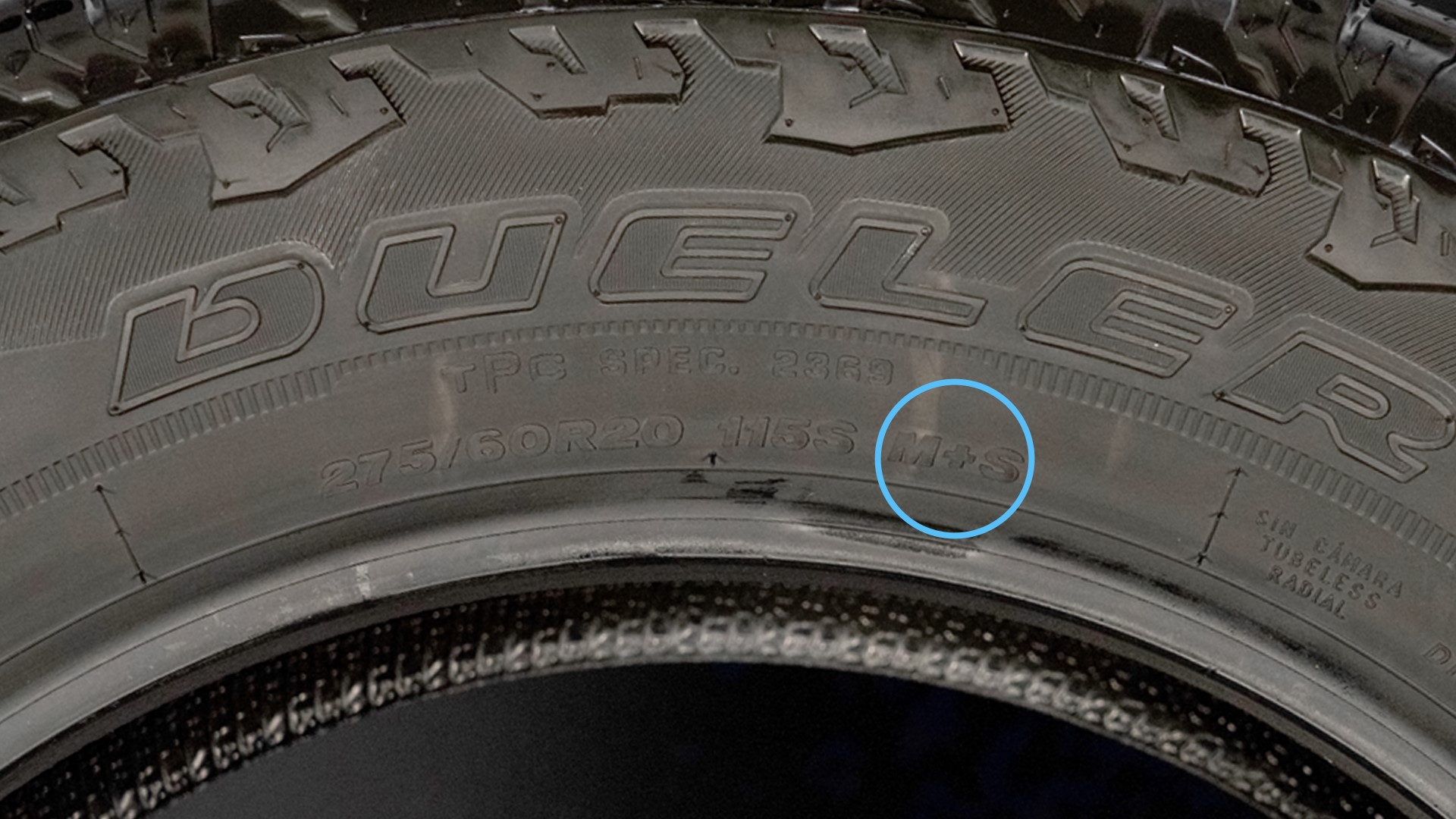 Tire with the M+S symbol circled