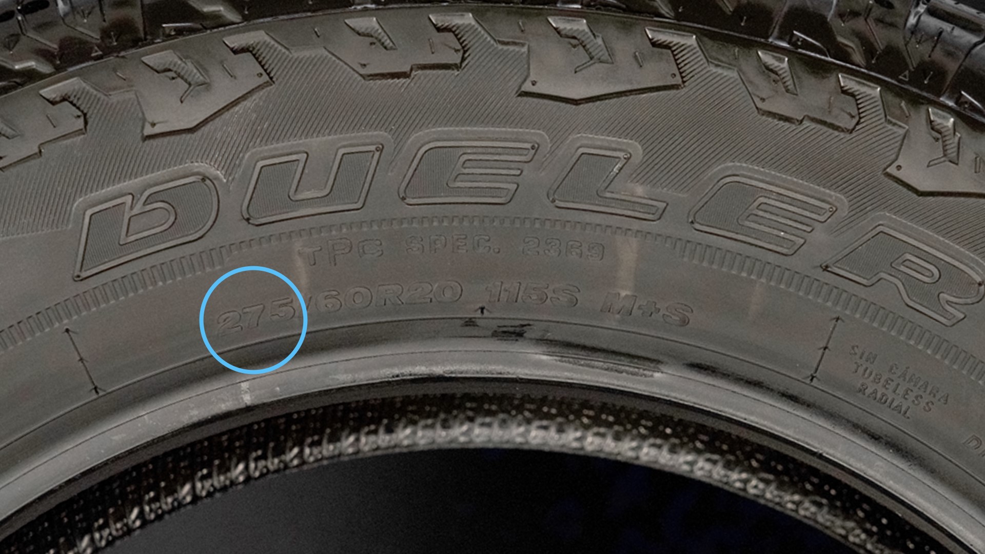 Tire with the tire width number circled