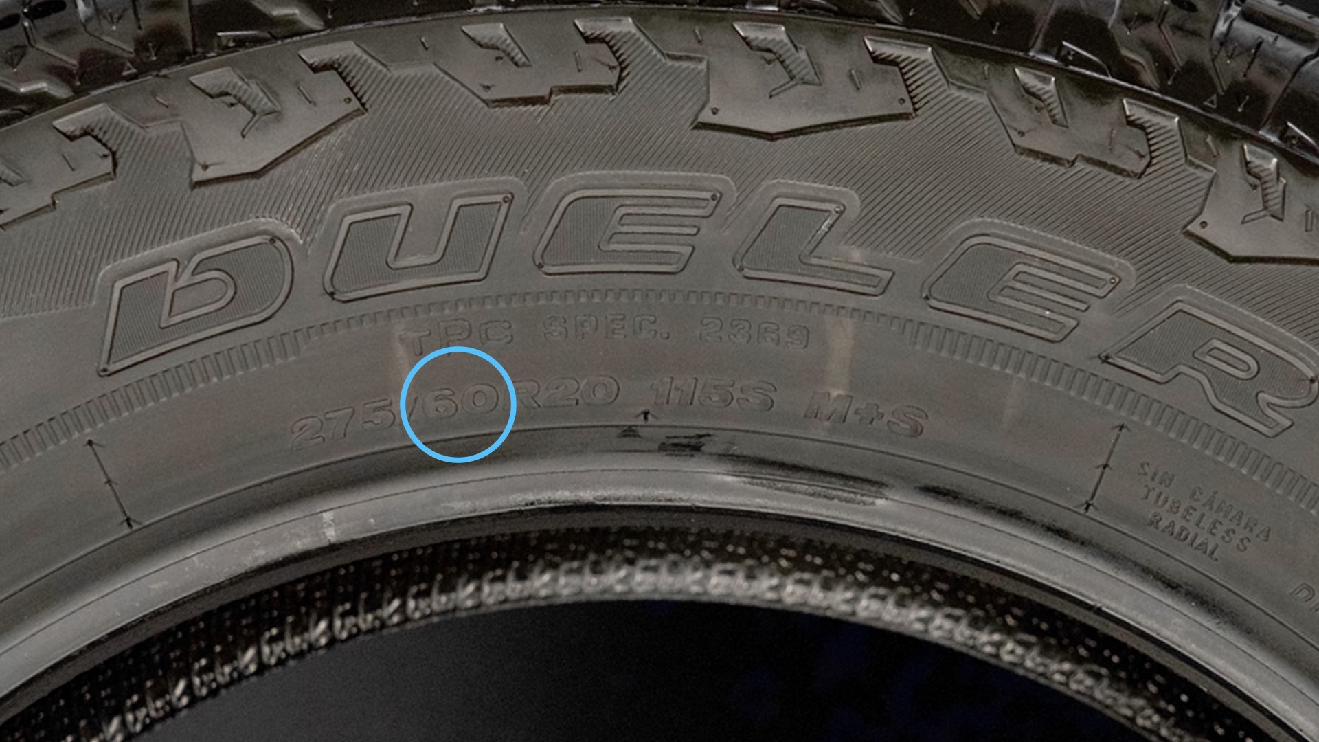 Tire with aspect ratio number circled