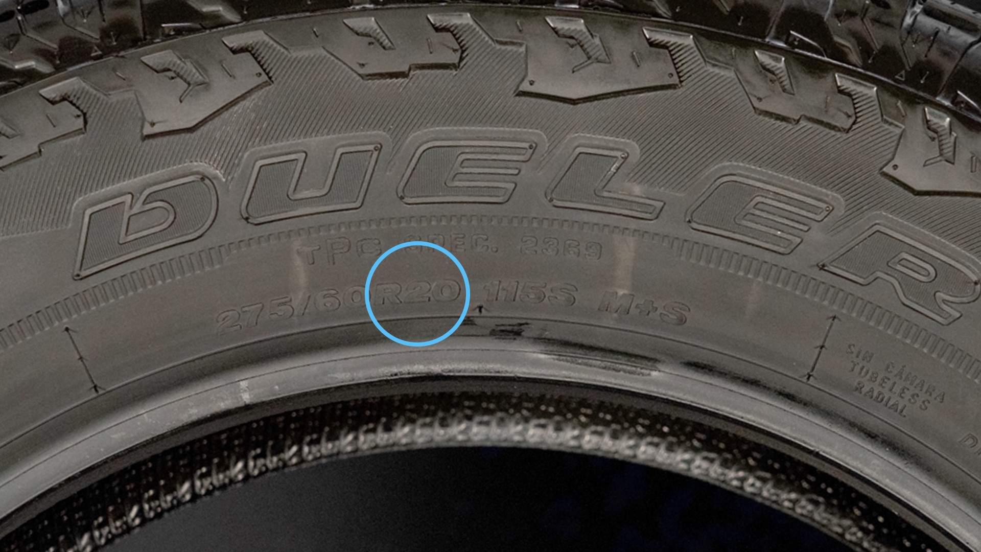 Tire with tire construction code circled
