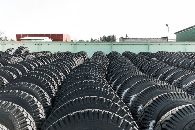 Rows of tires in a shipping yard