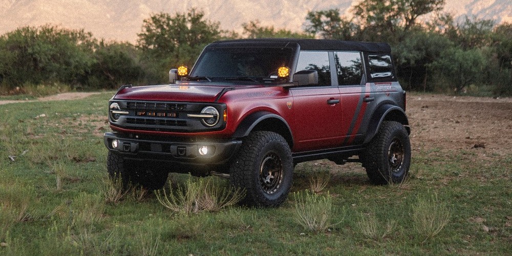 front view of red ford bronco