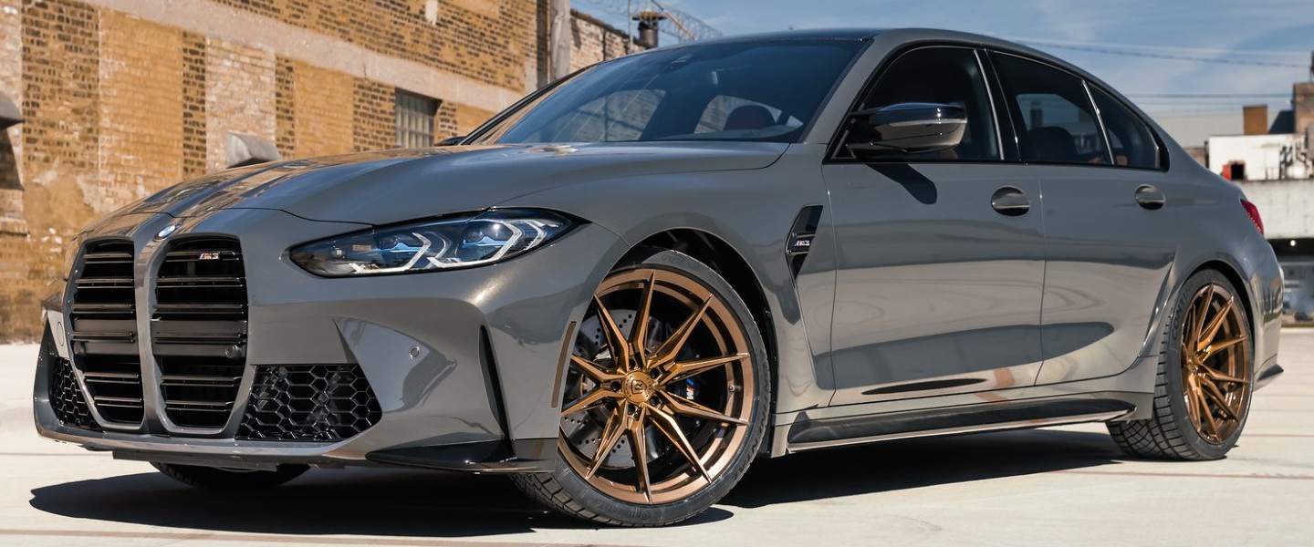 Front view of BMW with bronze wheels