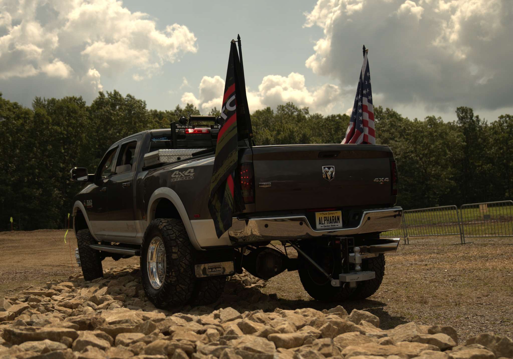 rear shot of black ram truck