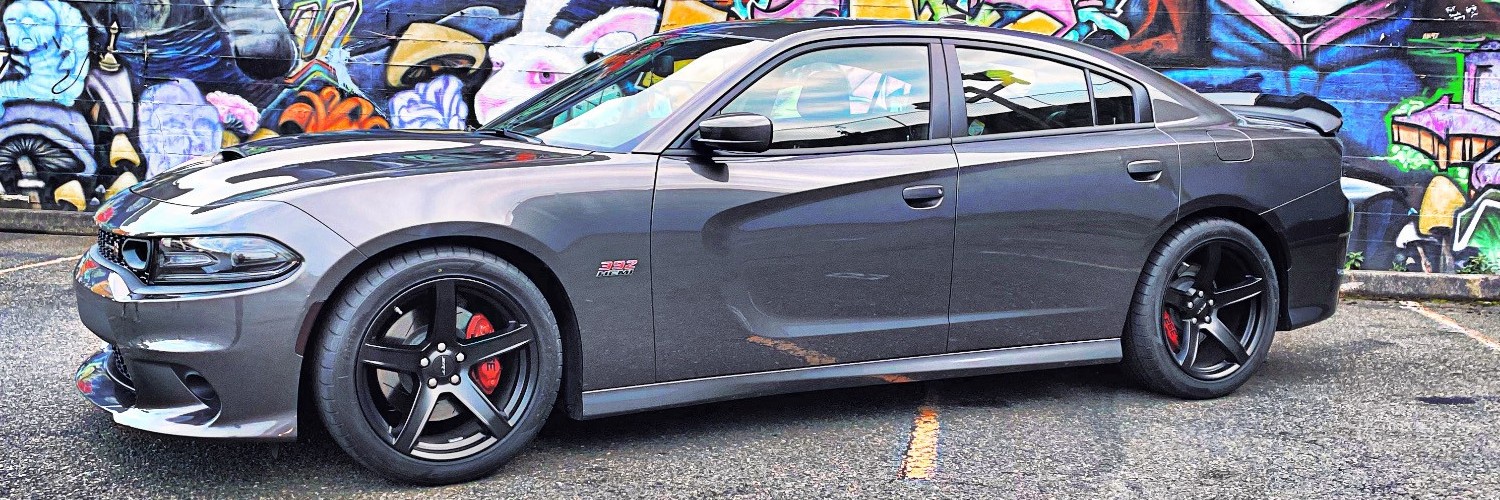 Profile view of gray Dodge Charger